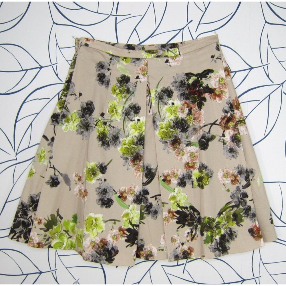 Max Mara Studio Pleated Beige Floral Print A-Line Skirt Cotton Pockets Size 6 US